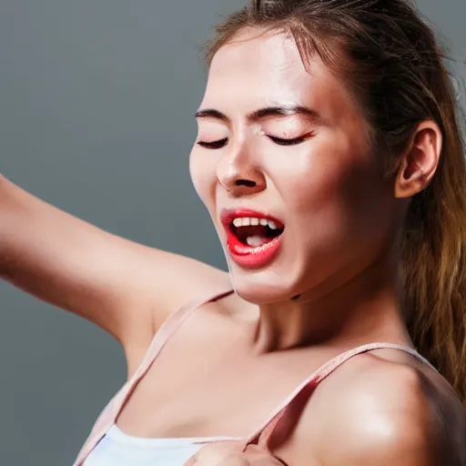 Image similar to excited model with an open moith and closed eyes pouring water on her face