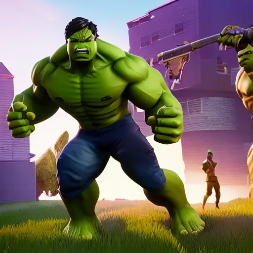 Prompt: hulk in fortnite, 4 k, high detail, high - resolution photograph, professional photography, ultra - detail