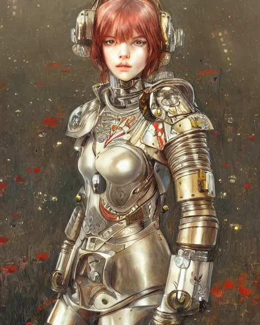 Prompt: portrait of cute beautiful young sister of battle in armor, cyberpunk, Warhammer, highly detailed, artstation, illustration, art by Gustav Klimt and Range Murata