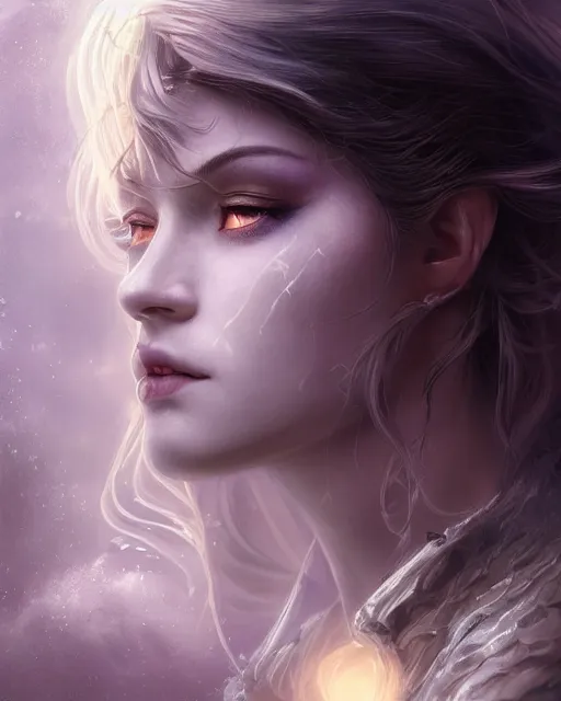 Image similar to side portrait of a beautiful female cleric, ethereal, dreamy, backlit, highly detailed, angry, mystical, intricate, realistic lighting, realistic face, sharp focus, windswept, rule of thirds, symmetrical facial features, by artgerm, wlop, rossdraws, frank frazetta, andrei riabovitchev, trending on artstation, hd, 4 k, fantasy