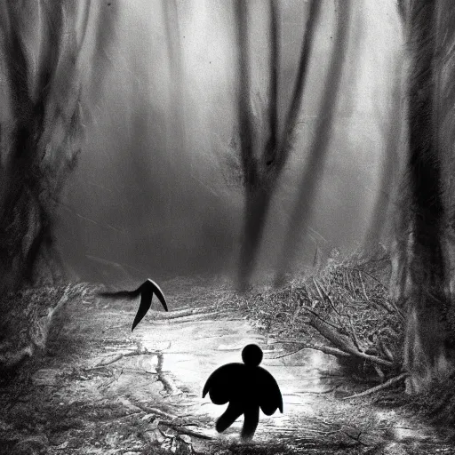 Prompt: a grave digger with remnants of angel wings is chasing a child through a creek in the woods, bad dream, hazy memory, volumetric, dark black and white in the style of alvin schwartz, epic angles