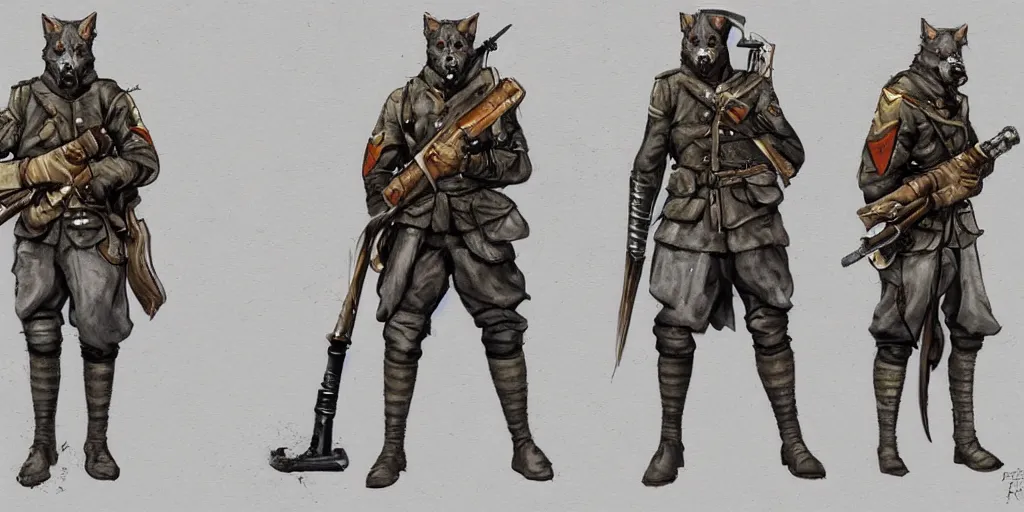 Image similar to concept art of a high fantasy ww1 werewolf soldier using a bazooka trending on artstation, detailed high resolution