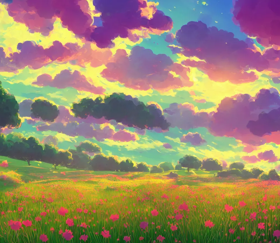 Prompt: green lush Field with beautiful flowers, aesthetic, calming, pink and yellow clouds in the sky, brightly illuminated by rays of sun, Clouds backlit by the sun, sunset ,artstation, colorful sylvain sarrailh illustration, by peter chan, day of the tentacle style