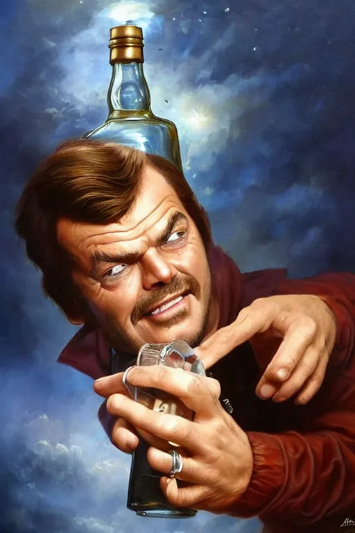 Prompt: a message in a bottle but instead of a ship it is a young jack nicholson in the bottle, jack nicholson, fancy whiskey bottle, masterpiece painting by artgerm and tom bagshaw and boris vallejo and frank frazetta