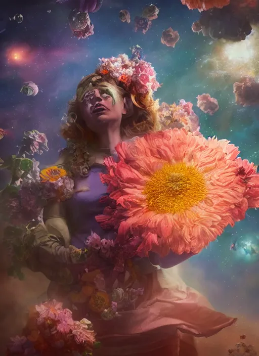 Prompt: An epic fantastic realism comic book style painting of the most beautiful flowers launched into space, by Rachel Ruysch, bouquets, fisheye lens, unreal 5, DAZ, hyperrealistic, octane render, cosplay, RPG portrait, dynamic lighting