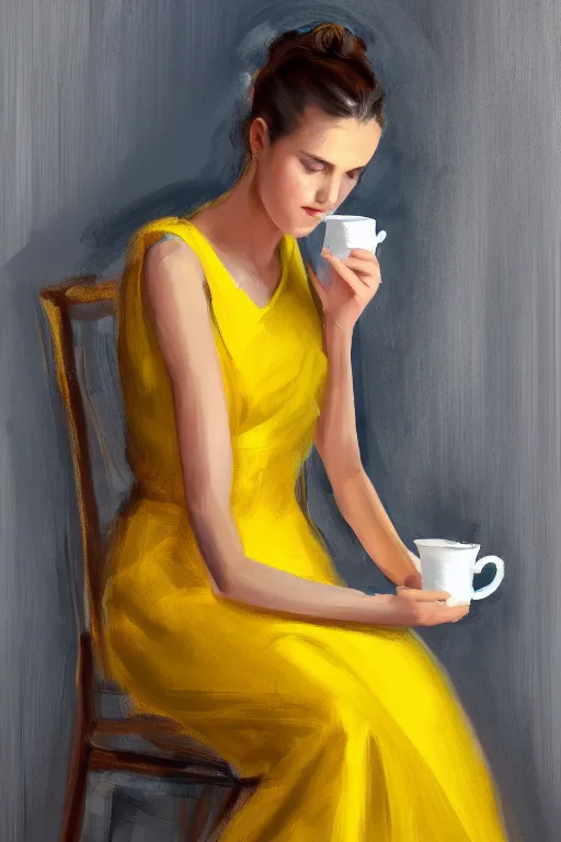 Prompt: a beautiful young woman sitting alone on a chair, she is wearing a yellow dress and holding a cup of tea in both hands, her hair is tied back and she is staring straight into the camera, digital art, oil on canvas, sharp focus, soft lightning, trending on artstation