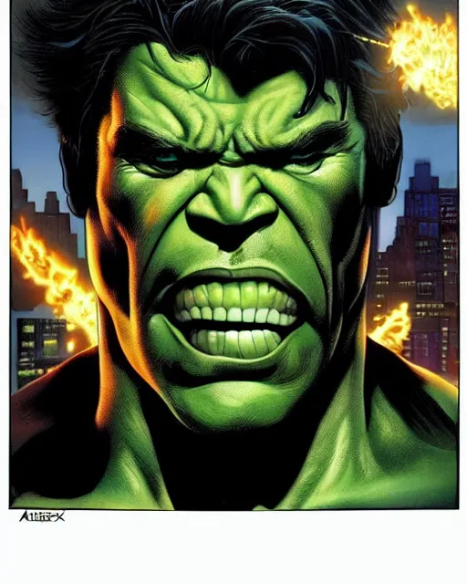 Image similar to a portrait of the incredible hulk looking angry in new york city by alex ross dramatic lighting.