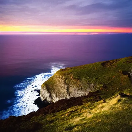 Prompt: micro - hurricane, blue hour, early night, deep blue atmosphere, overcast, low light, black and blue sky, sundown, scattered islands, sea, ocean, low pressure system, cloud with eye, very windy, late evening, distant hotel retreat on cliffside, shining lights on cliff side, polaroid photograph