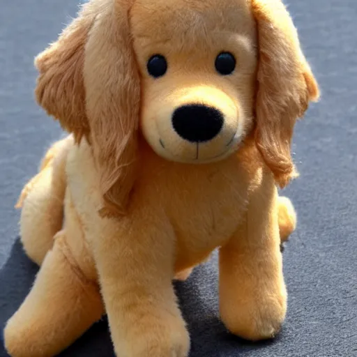 Image similar to a happy golden retriever puppyplush doll, 8 k. photorrealism. photography.