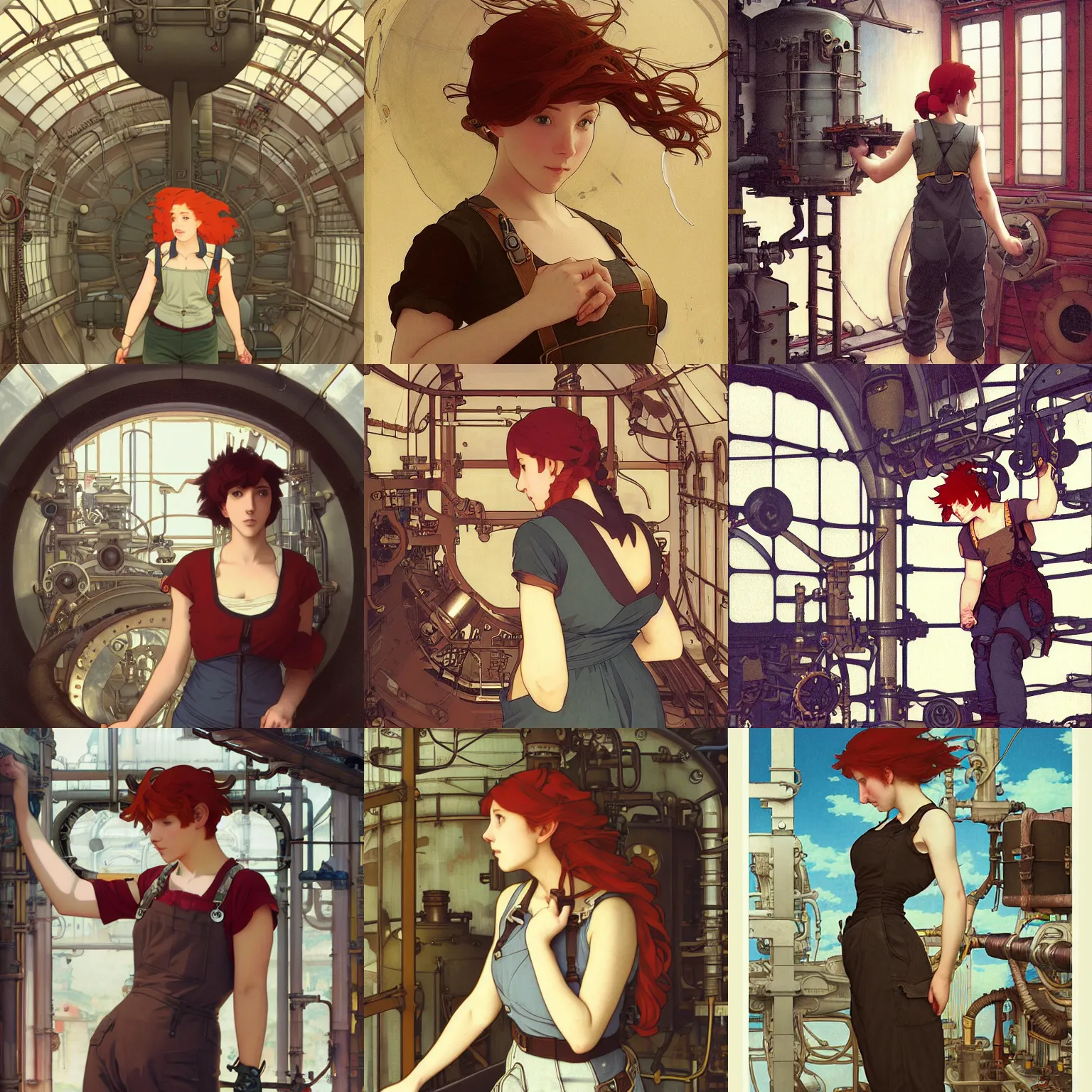Prompt: an airship engineer working in the boiler room, red hair, tank top, overalls, steampunk, film still, finely detailed features, baroque, digital painting, studio ghibli, tankobon, painted by ilya kuvshinov makoto shinkai william - adolphe bouguereau alphonse mucha
