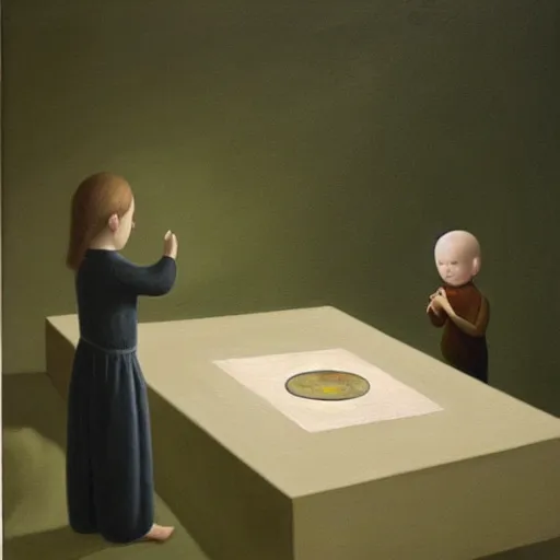 Prompt: a hyperrealistic painting of a child playing with a ouija board by Gertrude Abercrombie,