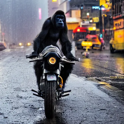 Image similar to a gorilla is riding a motor cycle in a cyberpunk city, shot from far away, during night, raining, many puddles on the street