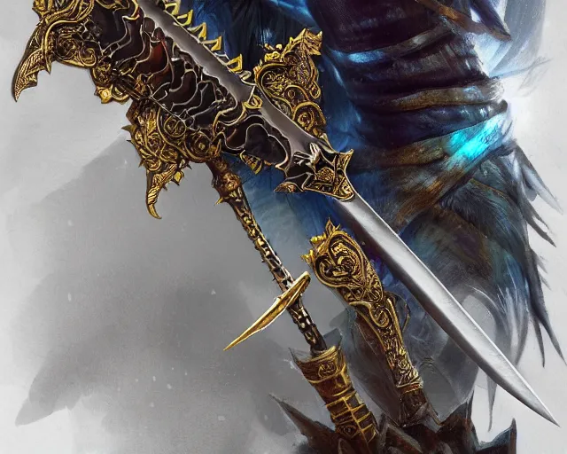 Image similar to legendary sword, digital award winning hd matte painting, intimate dark moody, intricate, long sharp black and iridescent blade, ornate spikes, colorful hilt, detailed realistic, raytraced blade, colored gems, golden pommel, in the style of greg rutkowski and krenz cushart, trending on artstation and deviantart