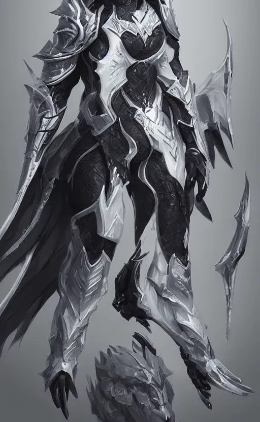 Image similar to Character Concept art of a female in white and black knight dragon armor. By artstation trending, cgsociety. Highly detailed