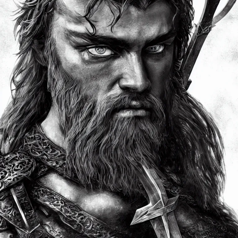 Image similar to fantasy art of a male human warrior, lord of the rings, poster, finely detailed face delicate features, black full beard, full body, realistic, sharp focus, 8 k high definition, insanely detailed, intricate, elegant, character portrait, portrait, close up, concept art