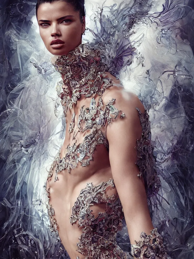 Image similar to Adriana Lima wearing epic haute couture by Alexander McQueen, extremely beautiful and proportionate face, in the aesthetic of mert and marcus, masterpiece, intricate, elegant wardrobe, highly detailed, digital painting, artstation, concept art, crepuscular rays, smooth, sharp focus, illustration, neon cyberpunk colors, art by artgerm and james jean and greg rutkowski and alphonse mucha