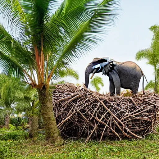 Image similar to an elephant sitting on a large spotted egg in a nest on top of a palm tree, nature photography