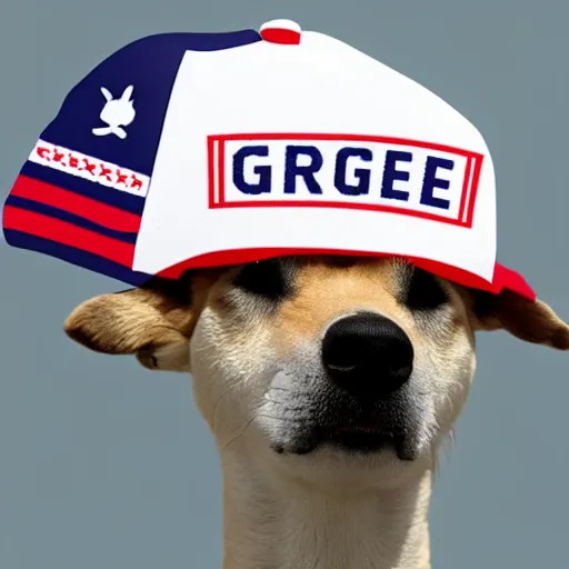 Image similar to doge with make america great again cap, realistic, 8 k,