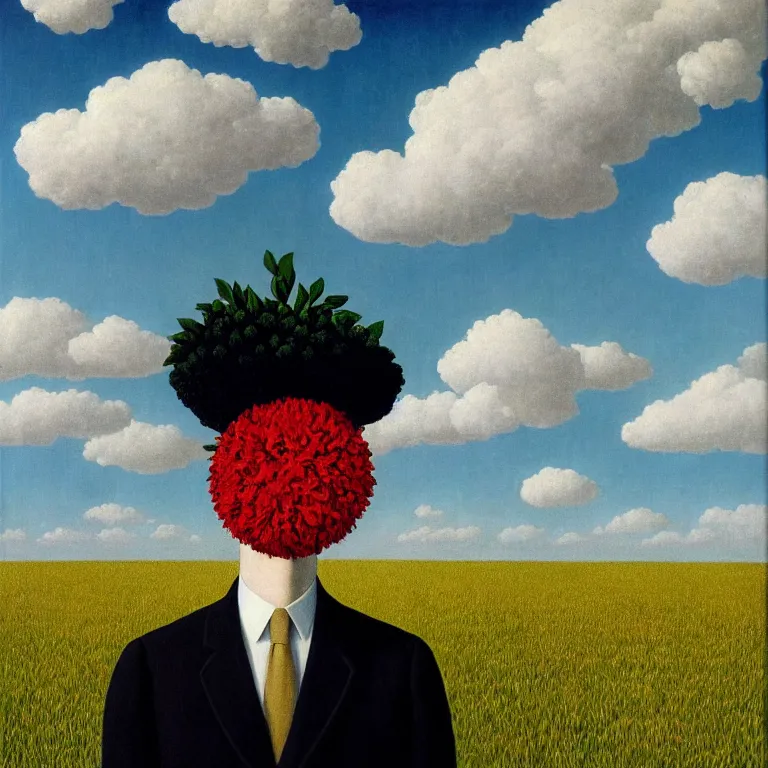 Image similar to portrait of a faceless beautiful flower - head man in a suit, clouds in the background, by rene magritte, detailed painting, distance, middle centered, hd, hq, high resolution, high detail, 4 k, 8 k