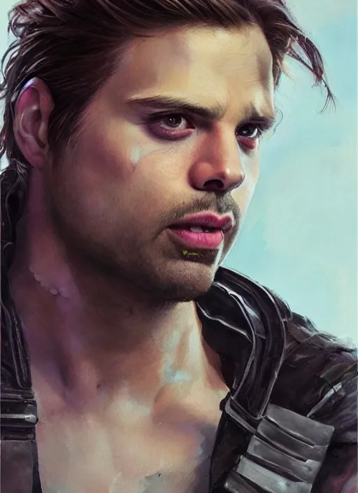 Image similar to sebastian stan as bucky barnes with his face painted. face painting of flowers. beautiful highly detailed face. painting by artgerm and greg rutkowski and raymond swanland.