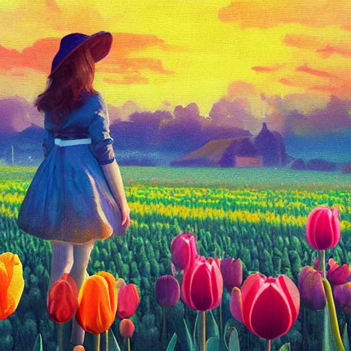 Image similar to dutch girl with singular giant tulip as a head, surreal photography, flower field, sunset dramatic light, impressionist painting, colorful clouds, blue sky, digital painting, artstation, simon stalenhag