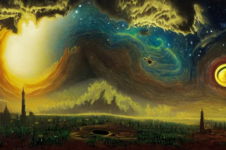 Image similar to miskatonic university big bang inscape in the style of dr. seuss,'interstellar directed by christopher nolan ', painting by albert bierstadt