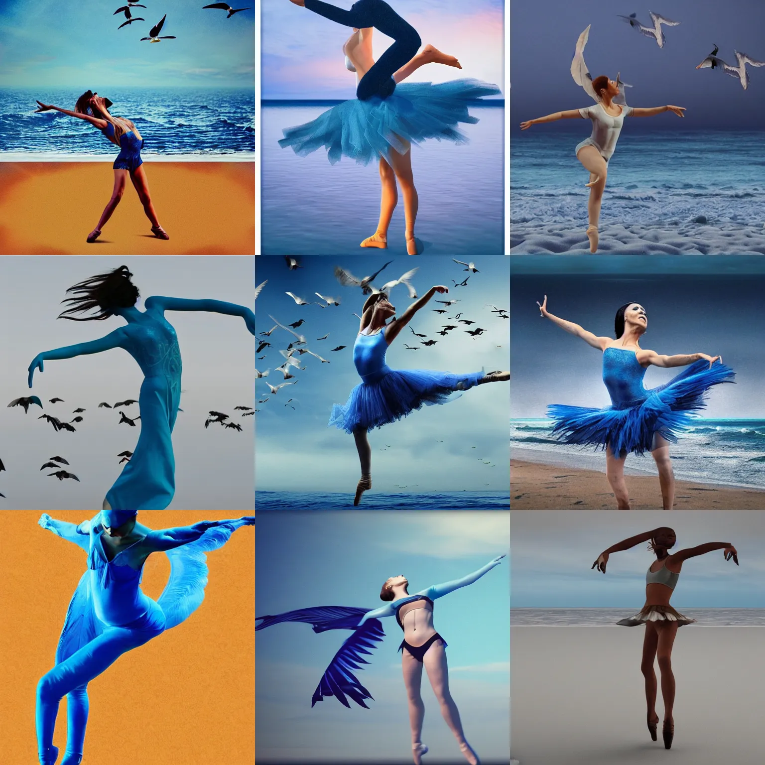 Prompt: a dancer lost at see with unequivocal love for the screams of seagulls, blue color scheme, Allen Barnhart, François Beau, 8K 3D, trending on artsstation