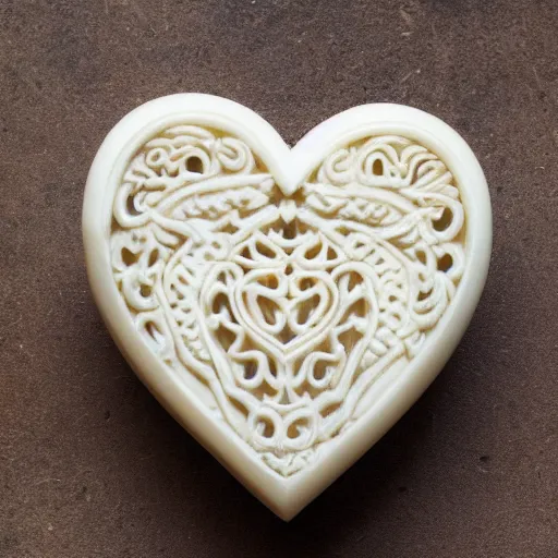 Image similar to intricate heart delicately carved into block of ivory, c anon 5 d 5 0 mm lens