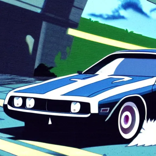 Prompt: plymouth cuda in initial d, anime still frame