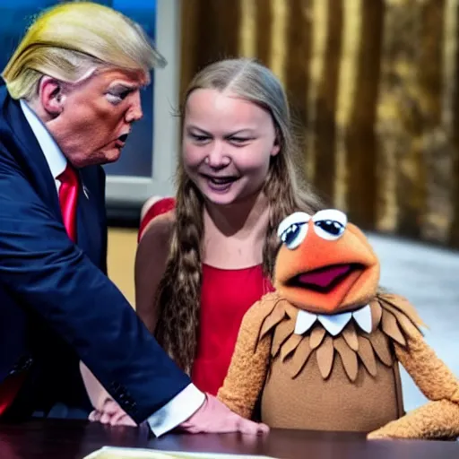 Image similar to donald trump and greta thunberg in the muppets show