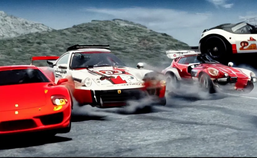 Image similar to film still of a Ferrari and a Porsche drifting in the Cannonball Run movie, 4k