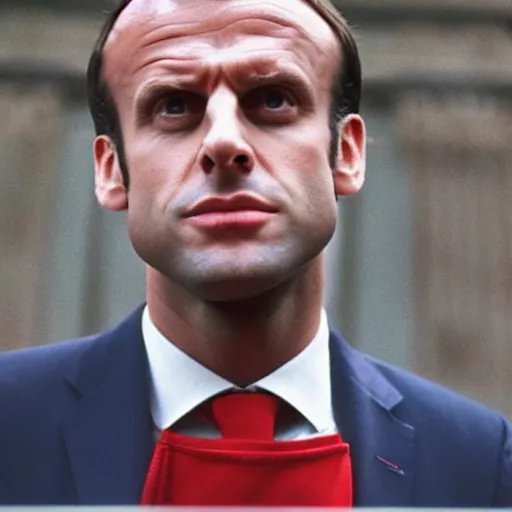 Prompt: Emmanuel Macron bubble head in American Psycho (1999)