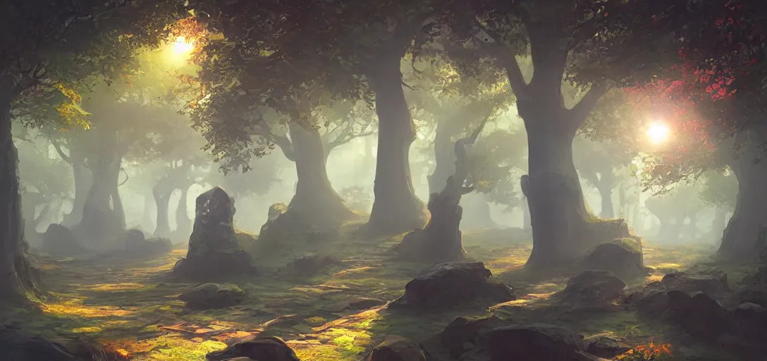 Image similar to concept art by sylvain sarrailh of a chineese temple, inside a mystic forest, a stone path, sunshafts