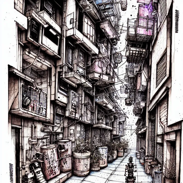 Prompt: an absurdly-detailed cyberpunk alleyway watercolor-calligraphy-pen drawing. Cats and Robots and Potted-Plants.