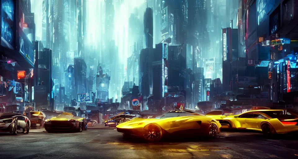 Image similar to An epic, distopian cityscape with many cars in the style of bladerunner with a blond man in a suit in the center and another man in a Trenchcoat talking to hin in secret, unreal 5, DAZ, hyperrealistic, octane render, volumetric clouds, dynamic lighting