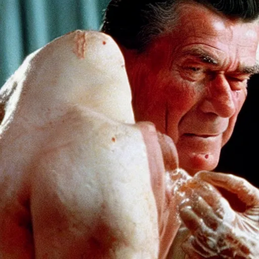 Image similar to Still of Ronald Regan removing his human skin, revealing his lizard body, in the style of Eyes Wide Shut (1999)