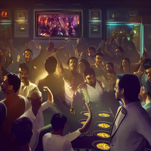 Prompt: a portrait of an indian businessman dj in nightclub, people dancing in background, anatomy, bathed in light, highly detailed, photorealistic, artstation, smooth, sharp focus, illustration, unreal engine 5, 8 k, art by artgerm and greg rutkowski and edgar maxence
