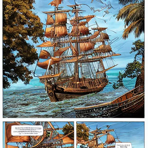 Prompt: a brigantine - type pirate ship with a lawn and fruit tree on her deck as well as an observation tower and huge masts, intricate, elegant, highly detailed, smooth, sharp focus, high contrast, colourful, dramatic lighting, graphic novel, art by ardian syaf and pepe larraz,