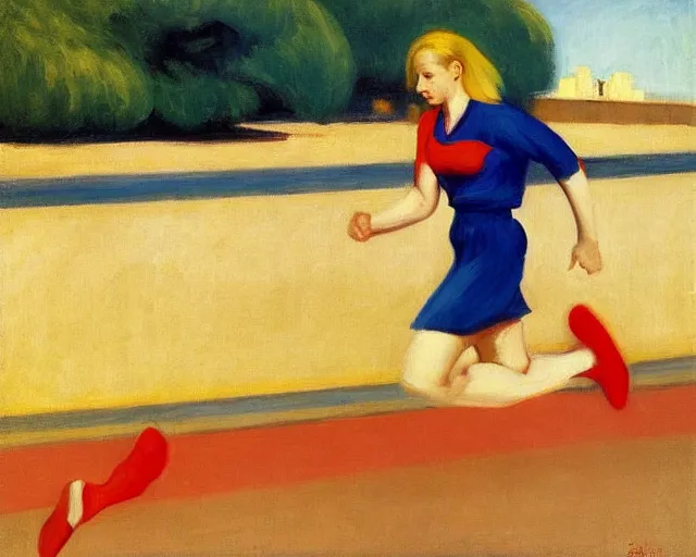 Image similar to blond lady with red and blue sneakers running through israel, running by salsa vendor, oil on canvas by edward hopper