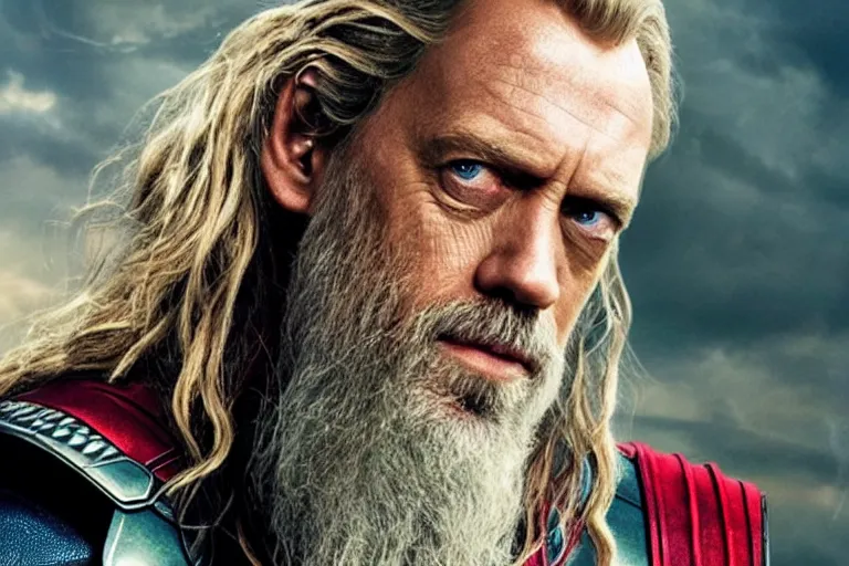 Image similar to promotional image of Hugh Laurie as Thor in the new Avengers movie, realistic, detailed face, movie still frame, promotional image, imax 70 mm footage