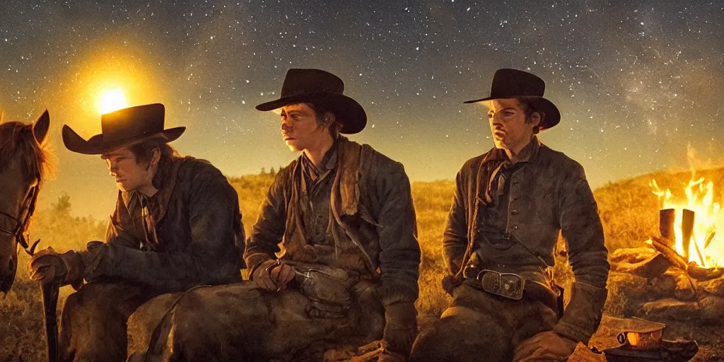 Image similar to in the old west, at a campfire at night, close up portrait of one sleeping bandit, rugged battle - scar scoot mcnairy ( ( alone ) and wide shot of one young thomas brodie - sangster ( ( alone ) ) watches the stars and his horse grazes, in the style of a cinematic oil painting, warm color palate, astral