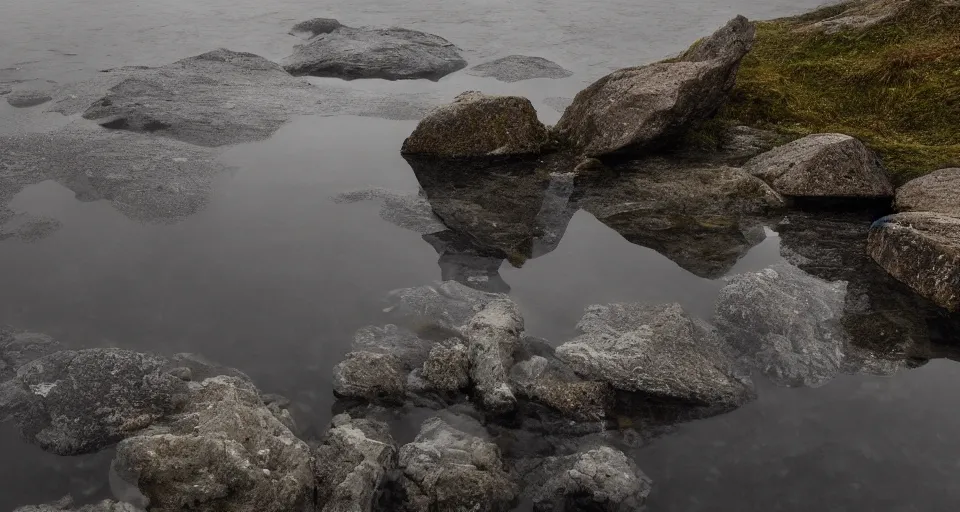 Image similar to extreme low angle camera lens partially submerged in water showing the surface of a lake with a rocky lake shore in the foreground, hexagonal rocks, geometric rocks, scene from a film directed by charlie kaufman ( 2 0 0 1 ), foggy volumetric light morning, extremely moody, cinematic shot on anamorphic lenses