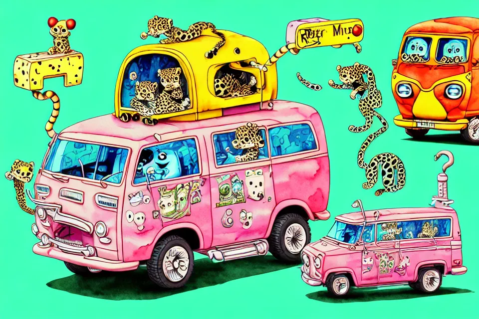 Image similar to cute and funny, baby leopard riding in a mystery machine van, ratfink style by ed roth, centered award winning watercolor pen illustration, isometric illustration by chihiro iwasaki, edited by range murata, tiny details by artgerm and watercolor girl, symmetrically isometrically centered, sharply focused