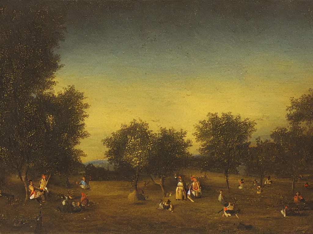 Prompt: Night with comet in the orchard. Painting by William de Nuncques