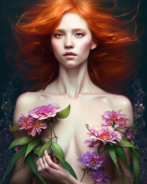 Prompt: Hyperrealistic beautiful and playful ethereal ginger portrait, art nouveau, fantasy, intricate flower designs, elegant, highly detailed, sharp focus, art by Artgerm and Greg Rutkowski and WLOP
