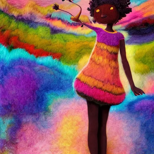 Image similar to a black girl with big cute! eyes and a colorful afro dancing in a filed of candy at sunset, bright colors, watercolor, volumetric wool felting, felt, macro photography, children illustration, global illumination, radiant light, detailed and intricate environment, by goro fujita, psychedelic surreal portrait, bokeh!!!!