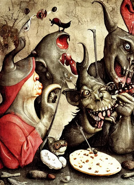 Image similar to medieval goblin eating cakes painted by hieronymus bosch, detailed digital art, trending on Artstation