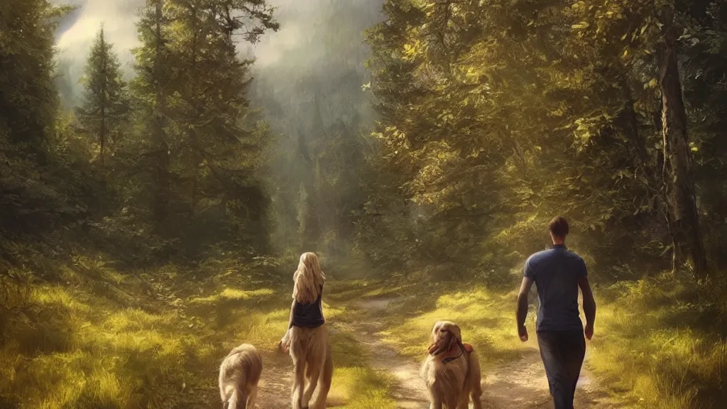 Prompt: “ one man, one women, one young boy, one golden retriever, walk on a trail in forest, mountains in the background, highly detailed, 4 k, by charlie bowater, by greg rutkowski ”