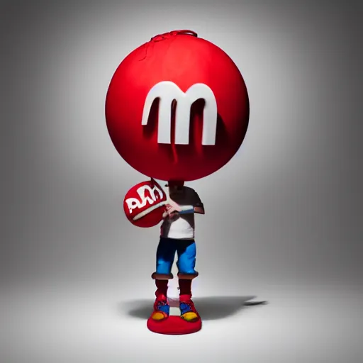 Prompt: a single red m & m candy with white arms and legs, a red sphere wearing a white baseball cap, eminem as the red m character standing on a floor covered with m & m candies, m & m candy dispenser!!!, m & m plush, unreal engine, studio lighting, unreal engine, volumetric lighting, artstation, cosplay, by hans bellmer