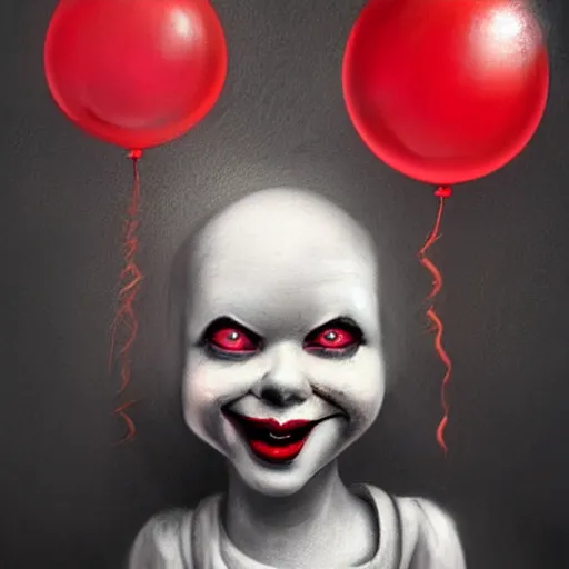 Prompt: surrealism grunge cartoon portrait sketch of little girl with a wide smile and a red balloon by - michael karcz, loony toons style, pennywise style, horror theme, detailed, elegant, intricate